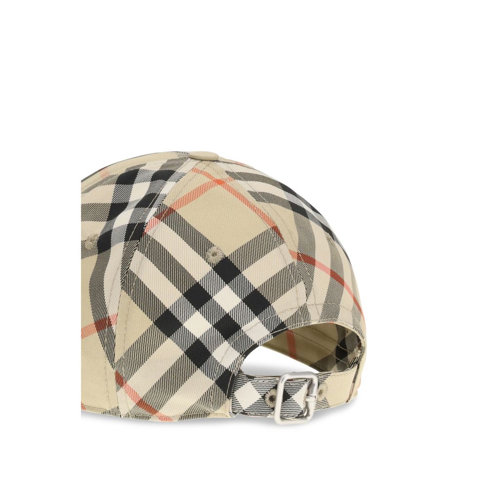 Back view of beige plaid adjustable cap with black, white, and red check pattern and metal buckle