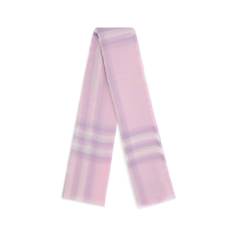 Light pink and lavender plaid scarf with soft texture and fringed edges