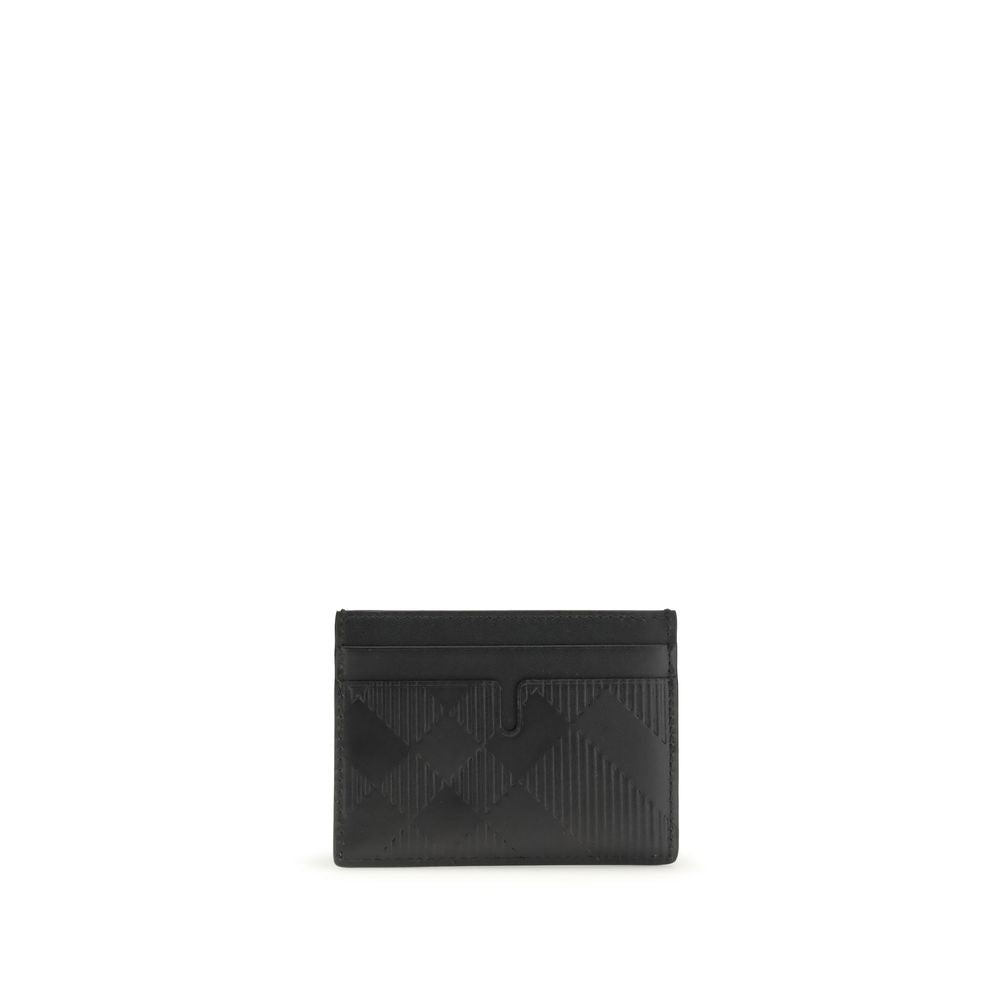 Black leather card holder with embossed geometric pattern and multiple card slots