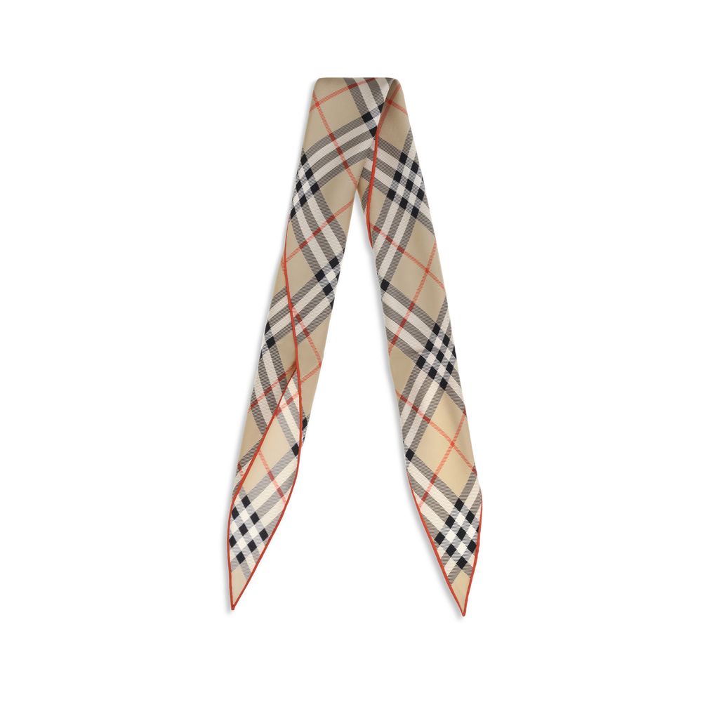 Beige plaid silk twilly scarf with black, white, and red lines on white background