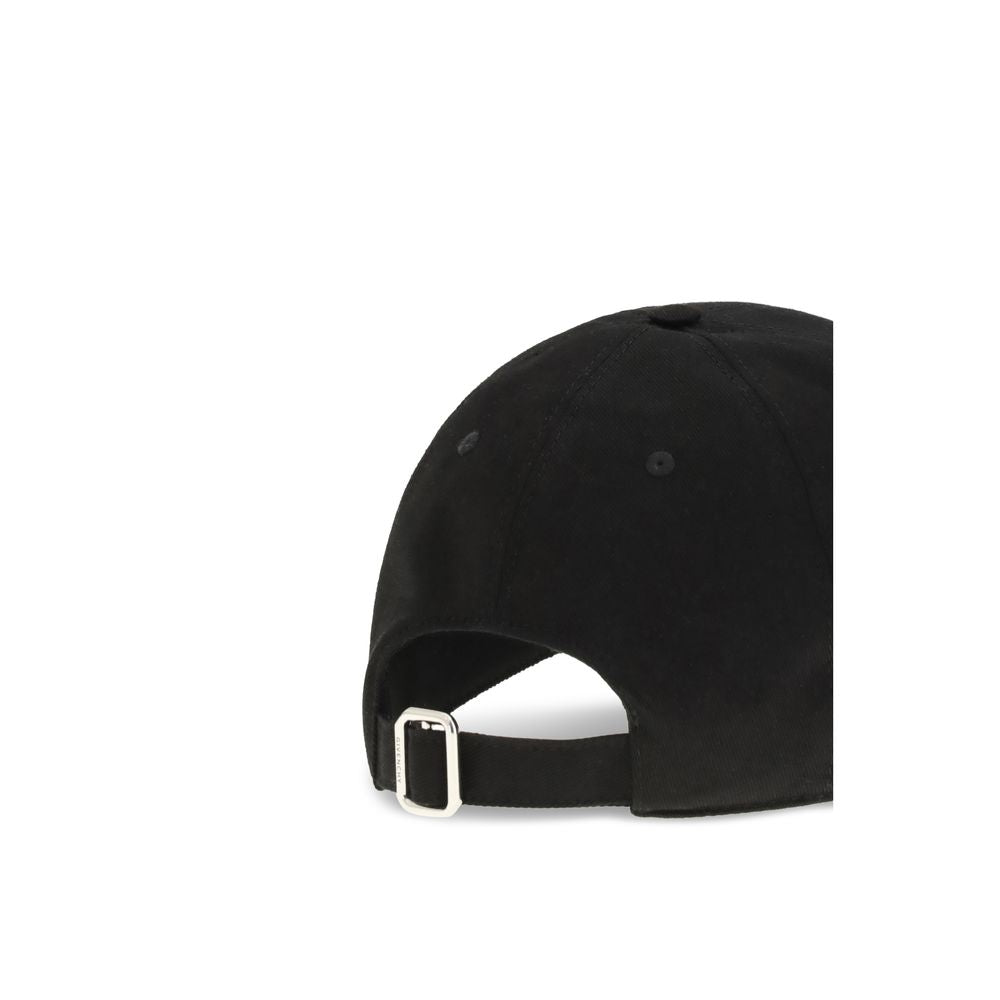 Rear view of black baseball cap with metal buckle strap on white background