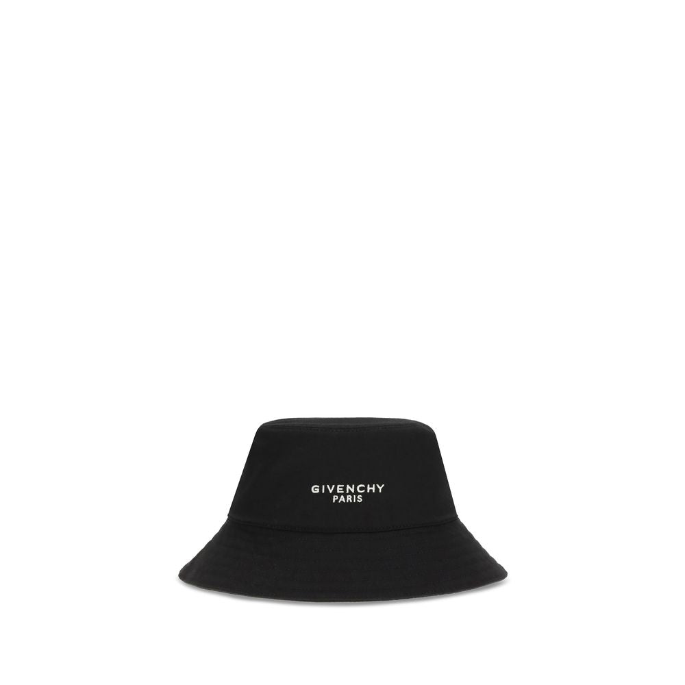 Black Givenchy Paris bucket hat with white logo embroidery on white background
