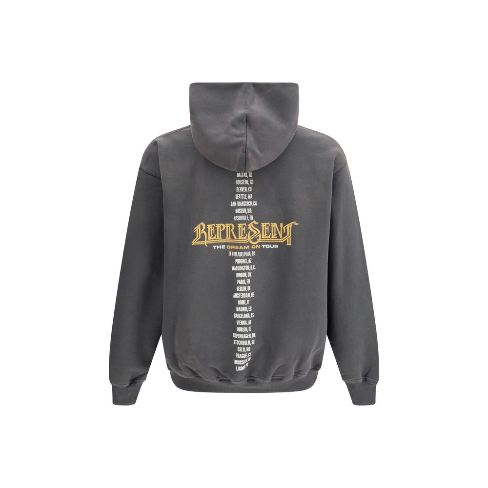 Charcoal gray hoodie with golden winged figure and text graphics on front, kangaroo pocket