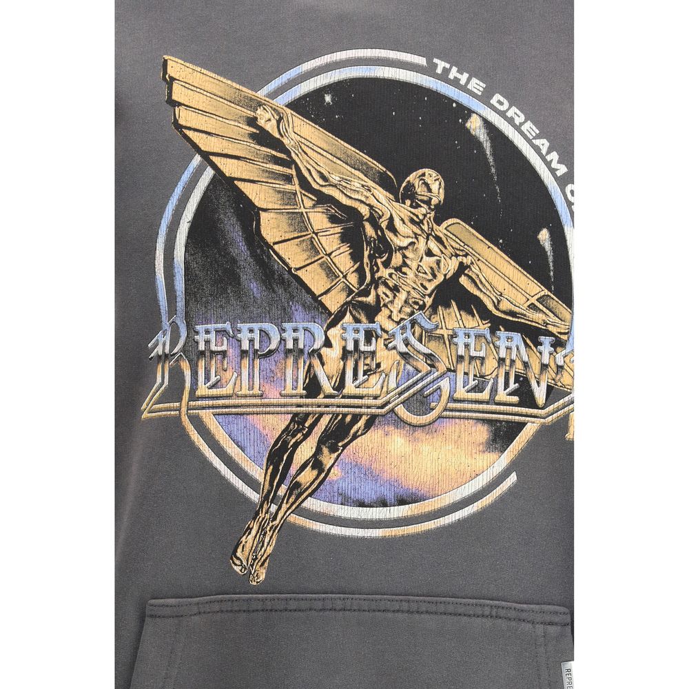 Golden winged figure flying in front of a cosmic background with Represent text on gray fabric hoodie