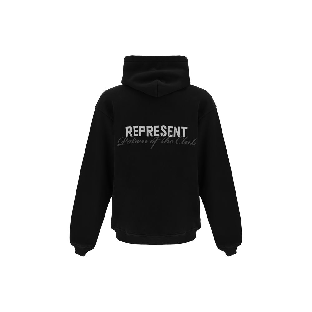 Black pullover hoodie with front pocket and small white text logo on chest