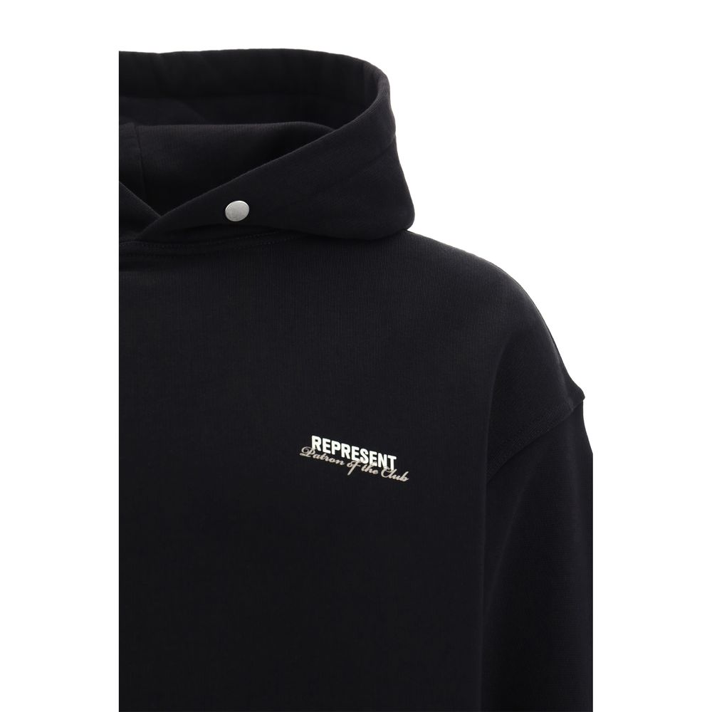 Black hoodie with snap button on hood and white Represent Patron of the Club logo