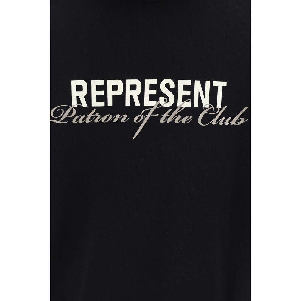 Black shirt with white bold text 'REPRESENT' and cursive beige text 'Patron of the Club'