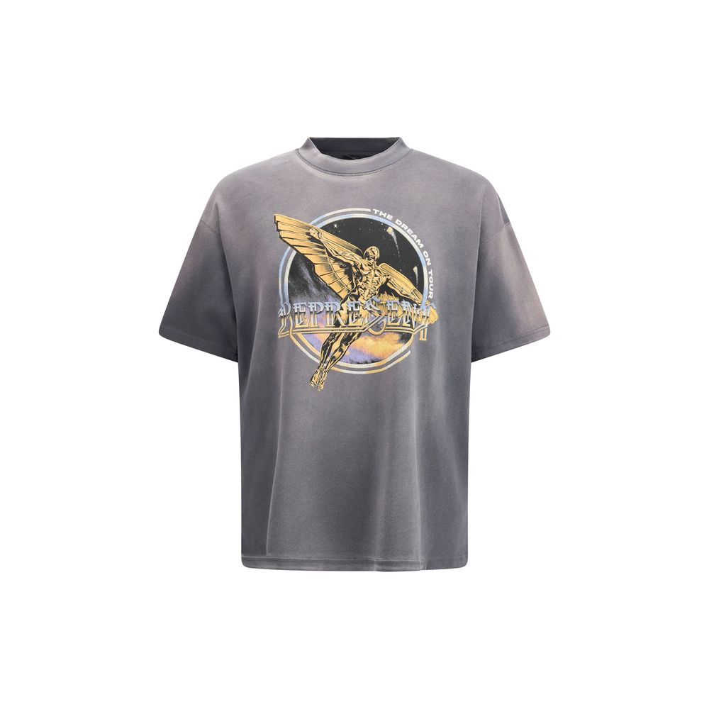 Gray oversized T-shirt with golden flying statue graphic and circular space background