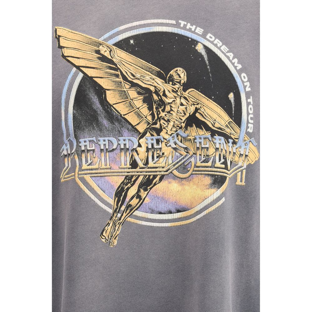 Graphic of golden winged man flying over purple and orange sky with Represent text on gray shirt