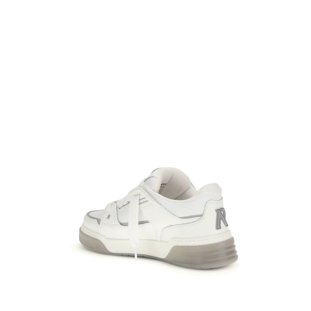 White leather sneaker with gray sole and embossed 'R' logo on heel, side view on white background