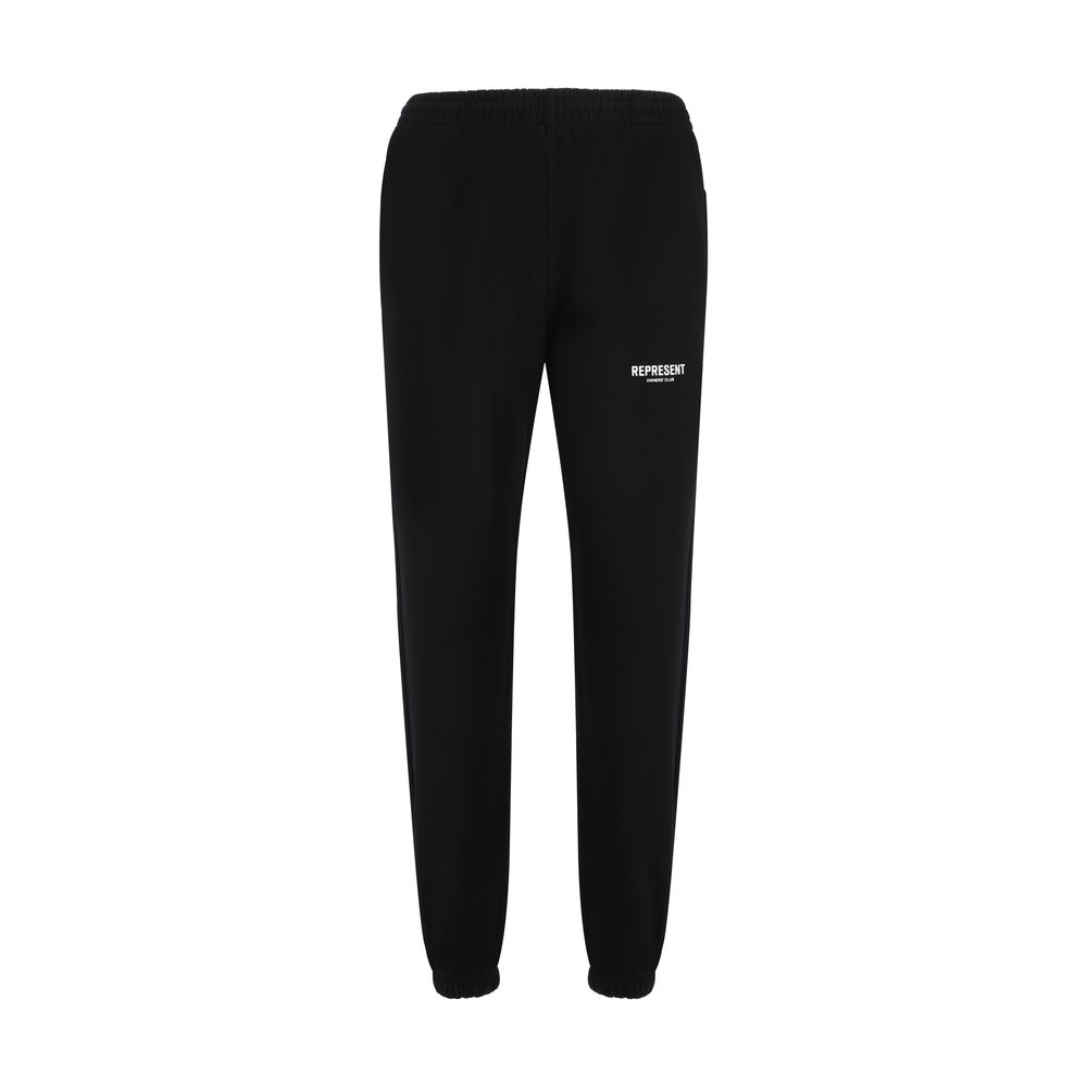 Black jogger sweatpants with elastic cuffs and white "REPRESENT OWNER CLUB" logo on front