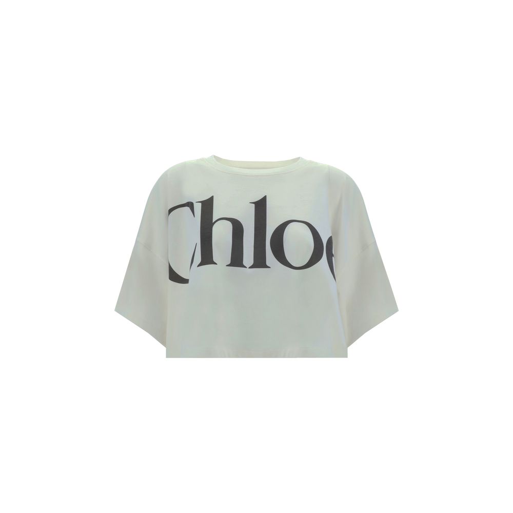 White cropped T-shirt with oversized black Chloe logo print on front