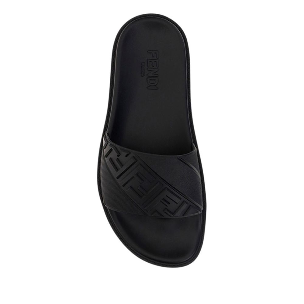 Black Fendi slide sandal with embossed logo strap and molded footbed