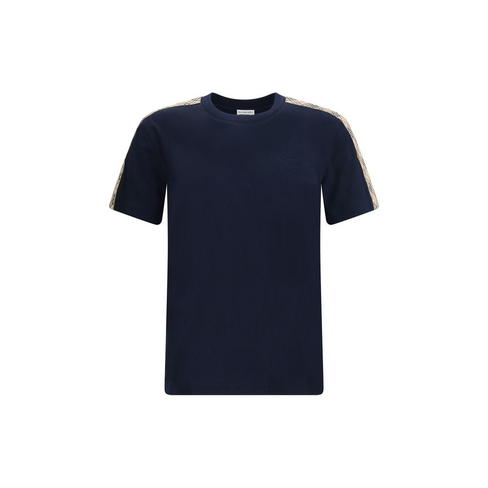 Navy blue Burberry t-shirt with beige check stripe detail on shoulders and short sleeves