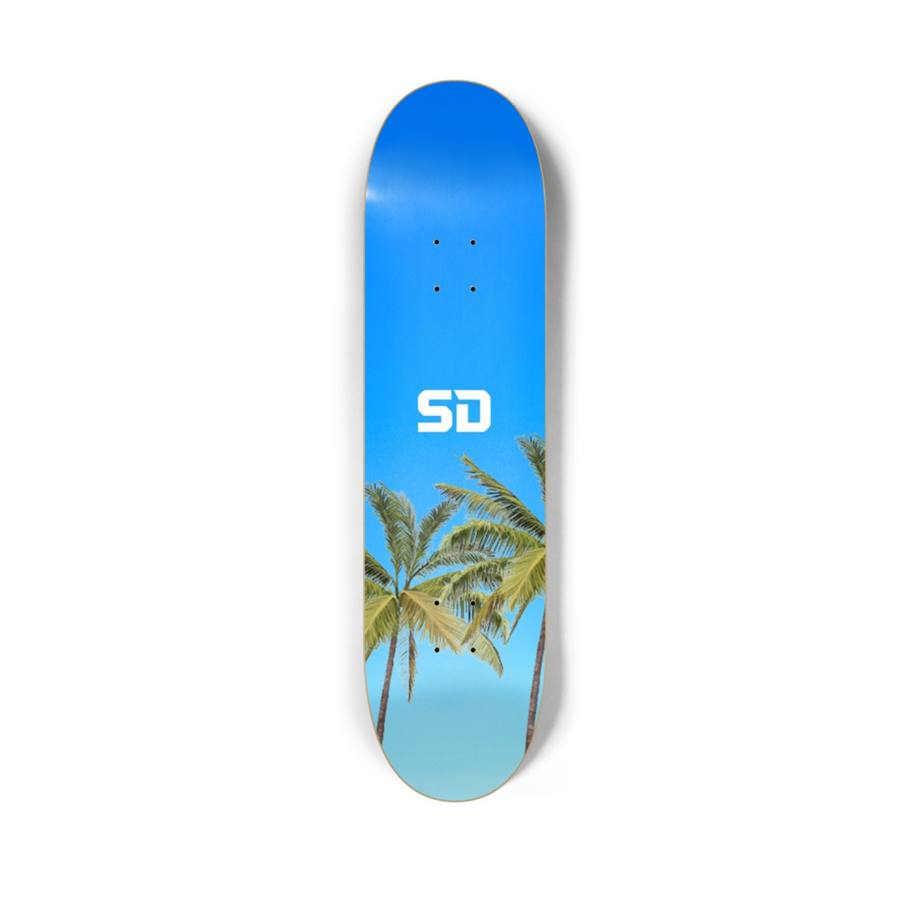 Skateboard deck with blue sky and palm trees design featuring white SD logo